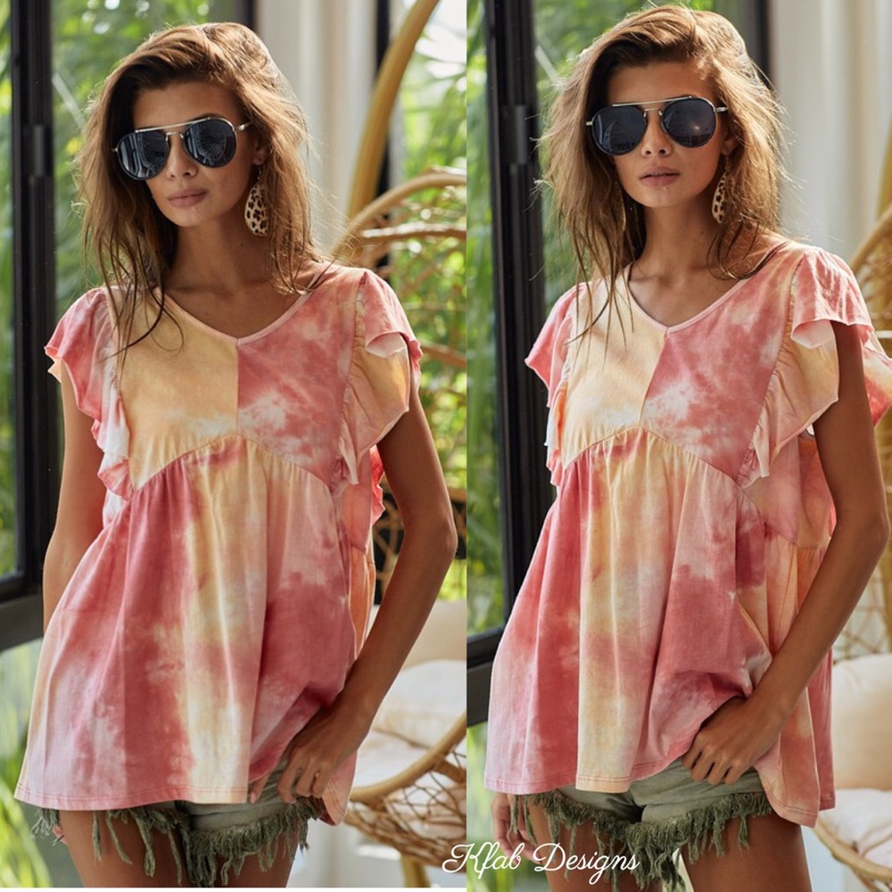 ❤️LAST 1 V Neck Ruffle Tie Dye Cotton Babydoll Top - Picture 2 of 12